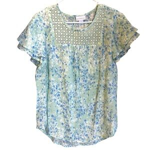 Liz Claiborne Blue and Green Flutter Sleeve Blouse